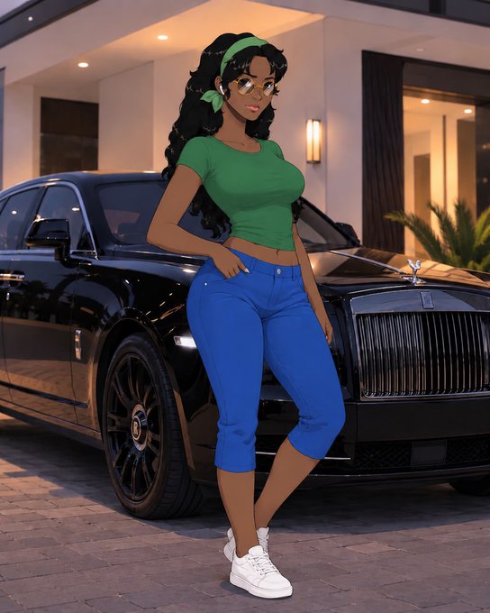 An illustrated character with dark curly hair, wearing a green top, blue capri pants, and white sneakers, poses confidently in front of a black Rolls-Royce.