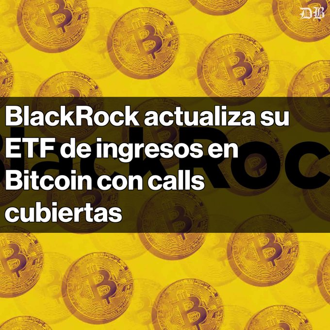 The image features an advertisement for BlackRock, which provides information about investing in Bitcoin through ETFs. The background of the image has a yellow color scheme, with multiple Bitcoin symbols scattered around the text. There are two specific words related to Bitcoins on the image: "BITA NUEVA" and "BITA DICAÓN". These words are placed next to each other at the bottom right corner of the image. Additionally, there is text in Spanish that reads "BlackRock actualiza su ETF de ingresos con BITA Nueva estrategia con opciones de compra cubiertas sobre IBIT Comisión de 0,65% y capital inicial deBTC $9,99 millones Con 109,96 BTC y 90.901 acciones de IBIT en cartera". The image also contains a few circles and lines that are used to describe the Bitcoin symbols on the bottom right side of the text.
