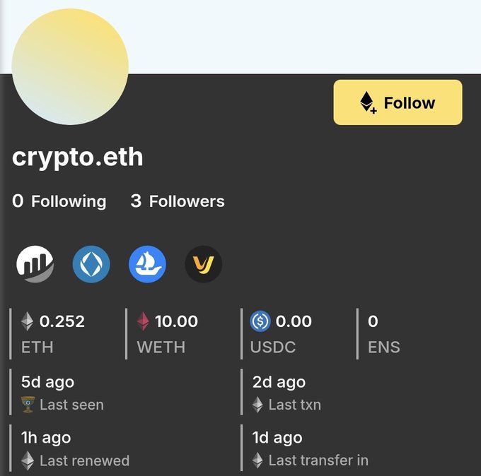 A crypto.eth ENS profile displaying wallet holdings including 0.252 ETH, 10.00 WETH, 0.00 USDC, and 0 ENS, with activity stats showing 3 followers and last seen 5 days ago.