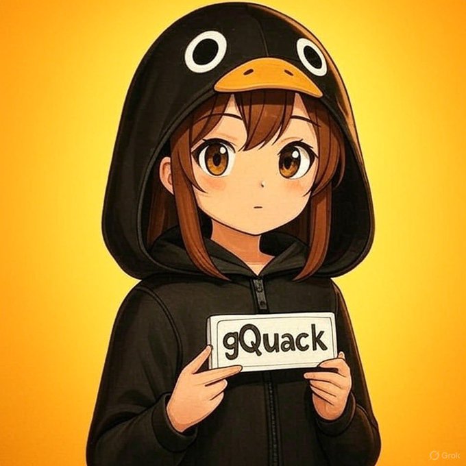 The image features a young girl wearing a black penguin-themed hoodie with a white "gQuack" sign held up against an orange background. The girl appears to be posing for the photo, possibly as part of a social media campaign or promotional activity related to the "gQuack fam". The post emphasizes the importance of consistency and meaningful participation in creating valuable content that can help build a strong online presence and engage with others who share similar interests.