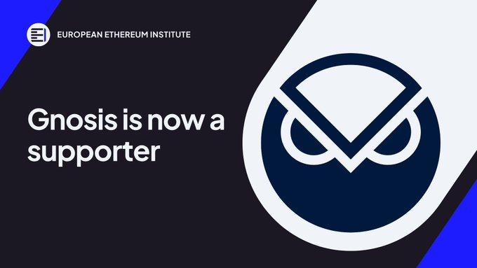 A promotional graphic from the European Ethereum Institute announcing 'Gnosis is now a supporter' with the Gnosis logo displayed prominently.
