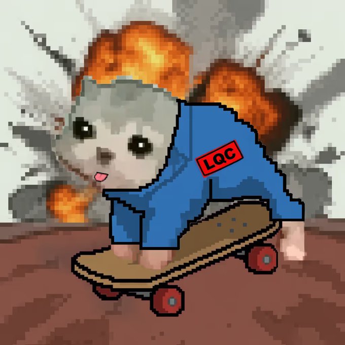 A pixel-art style image shows a grey cat wearing a blue hoodie with an 'LQC' patch, riding a skateboard away from fiery explosions in the background.