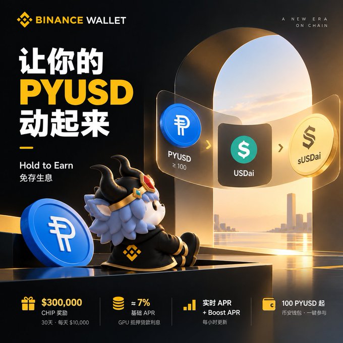 A Binance Wallet promotional advertisement in Chinese and English promotes a 'Hold to Earn' feature for PYUSD with a 7% base APR, featuring a cartoon mascot and showing conversions between PYUSD, USDai, and sUSDai.