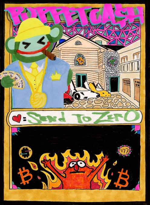 A colorful hand-drawn poster titled 'PUFFPEECASH' featuring a green monkey character in a yellow hat, a building, a sports car, the phrase 'SEND TO ZERO', and a fiery creature among Bitcoin symbols.