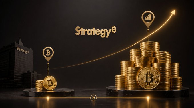 A stylized graphic celebrates Strategy's 6-year anniversary of adopting Bitcoin as its primary treasury reserve, showing a small starting stack of coins (with Bitcoin logo) beside a "Strategy" building on the left, an ascending golden growth arrow, and a massive stacked pile of BTC coins on the right, visually representing the company's growth from its initial 21,454 BTC purchase to its current holdings of 840,447 BTC.