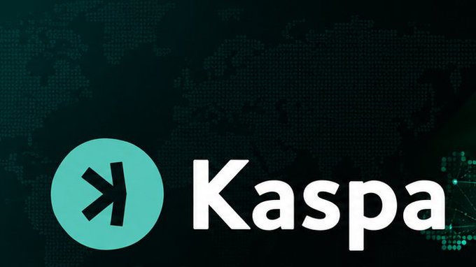 A teal and white Kaspa cryptocurrency logo is displayed over a dark green pixelated world map background.