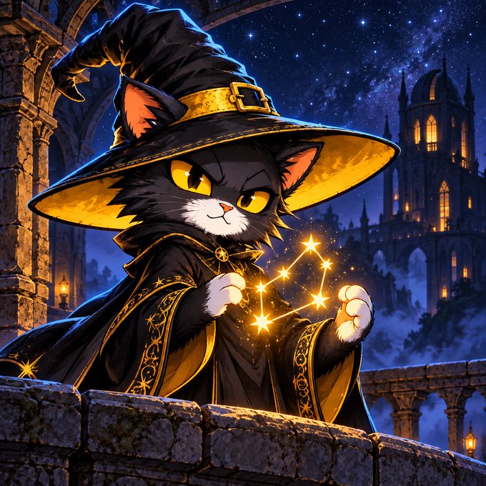 An illustration of an anthropomorphic black and white cat dressed as a wizard in a black and gold robe and hat, holding a glowing constellation-shaped magic against a night sky with a castle.