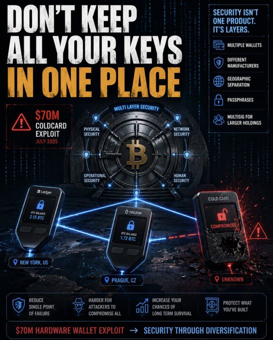 A graphic warning "Don't Keep All Your Keys in One Place" highlights a $70M Coldcard exploit from July 2025, illustrating security through diversification by showing hardware wallets (Ledger in New York and Trezor in Prague) protected across multi-layer security, while a third wallet in an unknown location displays "COMPROMISED" with a broken lock icon.