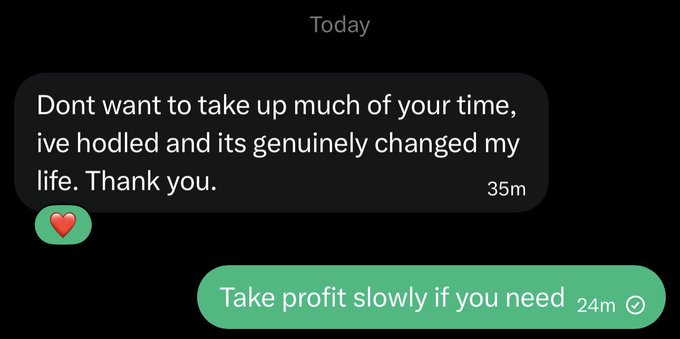 A screenshot of a text message exchange where someone thanks the sender saying "Dont want to take up much of your time, ive hodled and its genuinely changed my life. Thank you," followed by the reply "Take profit slowly if you need," relating to the post about holding the ticker $TBB.