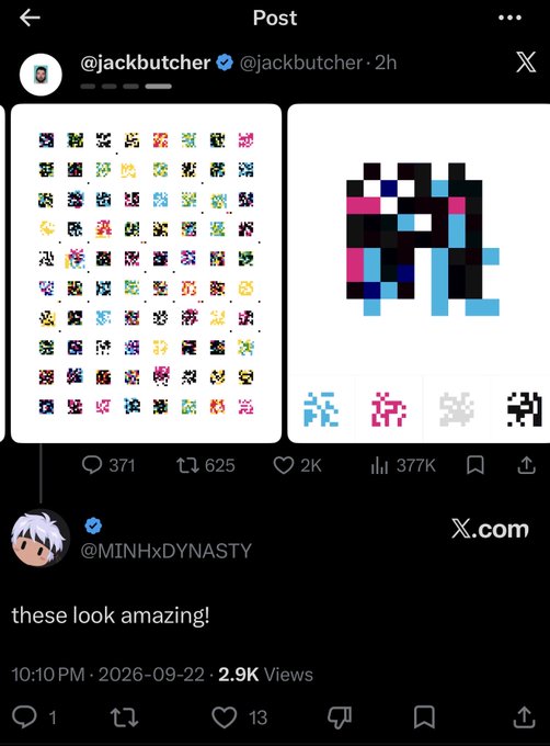 A screenshot of an X (Twitter) post by @jackbutcher showing pixel art sprites and a larger pixel character, with a reply from @MINHxDYNASTY saying "these look amazing!"