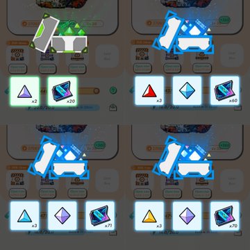 Four-panel screenshot collage of a mobile game showing treasure chest loot drops with various colored gem rewards and ticket items.