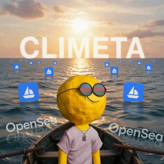 AI-generated image of a yellow smiley face character wearing sunglasses on a boat at sunset, surrounded by OpenSea sailboat icons, with the word 'CLIMETA' displayed prominently.