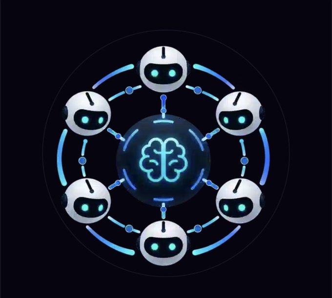 A circular illustration showing six white robot heads with cyan eyes connected to a central glowing brain icon.