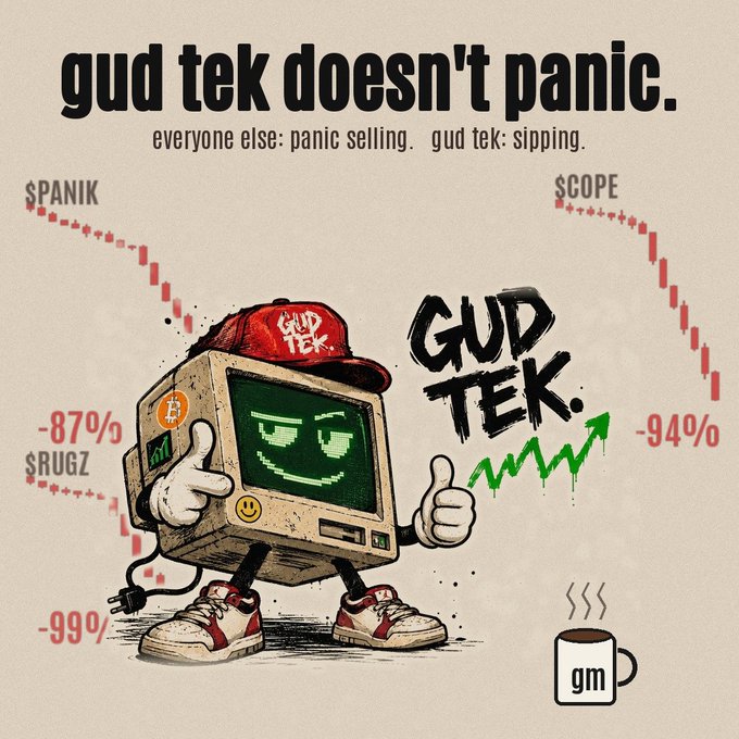 A graphic meme with the text 'gud tek doesn't panic. everyone else: panic selling. gud tek: sipping.' featuring a cartoon computer wearing a red 'GUD TEK' cap, surrounded by declining price percentages like -87%, -94%, and -99%, with a 'gm' coffee mug.
