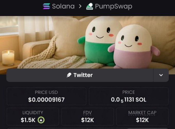 A PumpSwap token listing on Solana shows a plush toy character image with a price of $0.00009167 USD, liquidity of $1.5K, and market cap of $12K.
