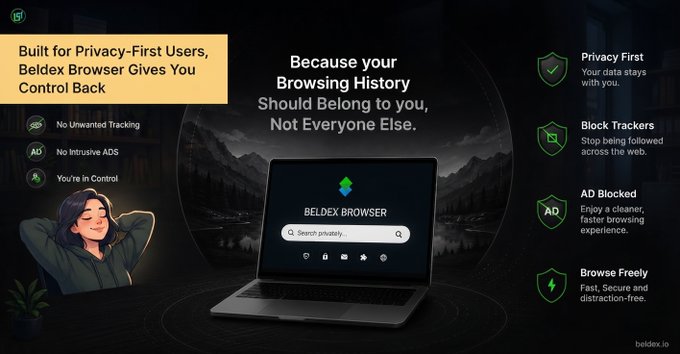 A promotional banner for Beldex Browser featuring a cartoon character and laptop, emphasizing privacy-first browsing with no unwanted tracking, no intrusive ads, and user control.