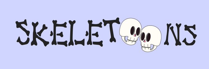 The image features the word "SKELETOONS" in a playful, bone-shaped font, accompanied by two cartoonish skulls on a light purple background, visually representing the brand identity for the @skeletoonsNFT project mentioned in the post.