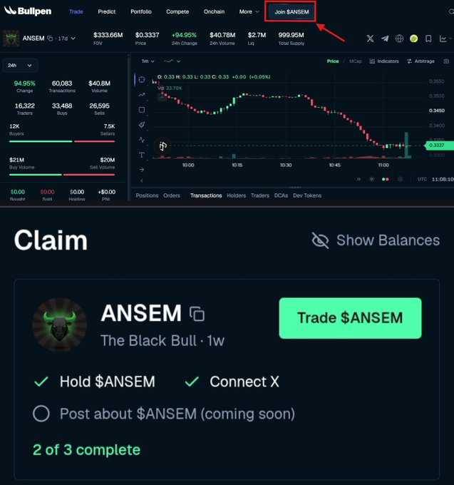 A screenshot of a crypto trading platform (Bullx) showing the $ANSEM token ('The Black Bull') with a price chart, market stats, and options to 'Hold $ANSEM' and 'Connect X' to claim.