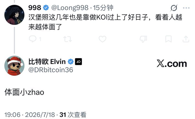 A screenshot of a Chinese social media post from user @Loong998 about Hamburg/汉堡, replied to by @DRbitcoin36 with the text '体面小zhao', timestamped 2026/7/18.