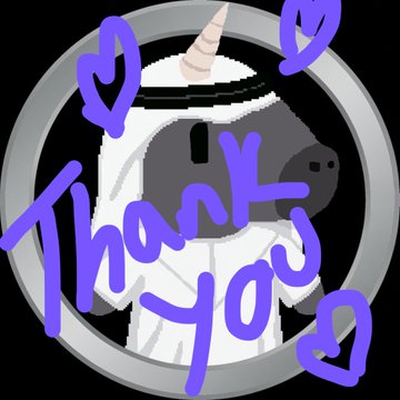 A cartoon illustration of a unicorn head inside a silver circle with the words 'Thank You' written in purple graffiti-style text and hearts.