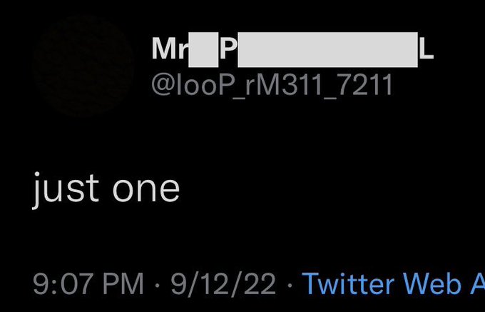 The image shows a tweet from user @looP_rM311_7211 with the text "just one" posted at 9:07 PM on 9/12/22 via Twitter Web App. The brief message reinforces the post's point about XRP being the true "one" compared to alternatives like Chainlink (LINK) and Proton (XPR).