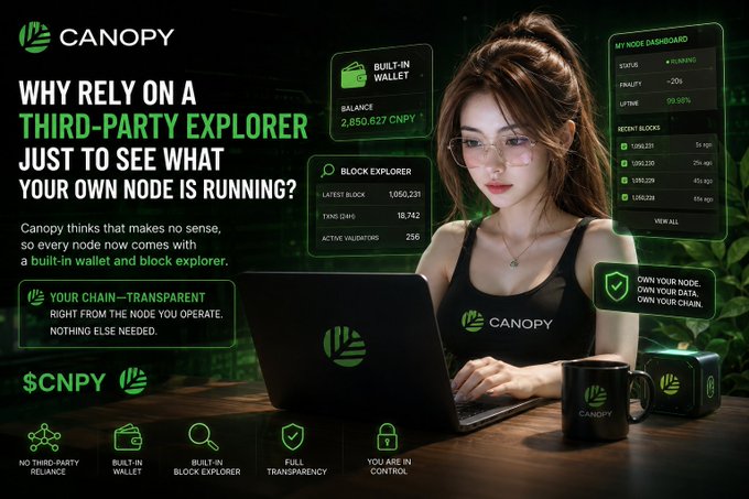 A Canopy promotional graphic featuring a woman at a laptop, advertising built-in wallet and block explorer features with stats like 'BALANCE 2,850.627 CNPY' and the $CNPY token.
