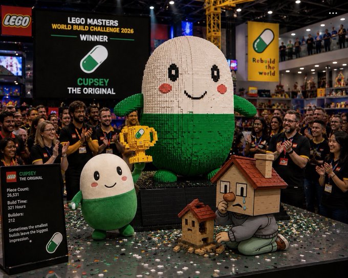 A LEGO Masters World Build Challenge 2026 event showcasing a massive LEGO 'Cupsey the Original' pill mascot as the winner, with a crowd of people applauding and a smaller plush version displayed alongside a house and crying figure build.