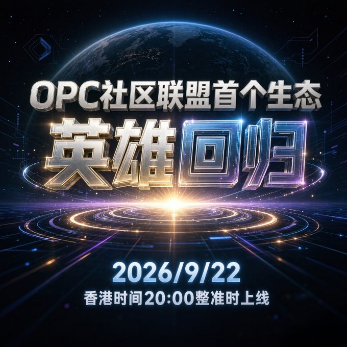 A promotional graphic with Chinese text reads 'OPC社区联盟首个生态 英雄回归' (Hero Returns, the first ecosystem of OPC Community Alliance), dated 2026/9/22, launching at 20:00 Hong Kong time.