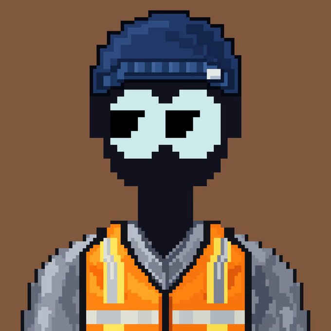 A pixel art portrait of a figure wearing a blue hard hat, sunglasses, and an orange safety vest on a brown background.