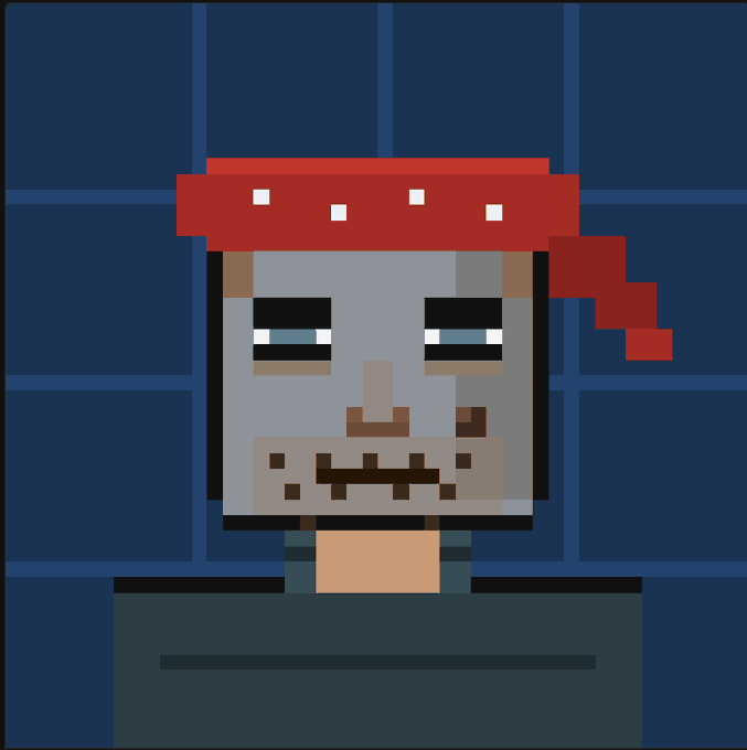 A pixel art portrait shows a gray-skinned character with droopy eyes, stubble, and a red bandana standing against a dark blue paneled background.
