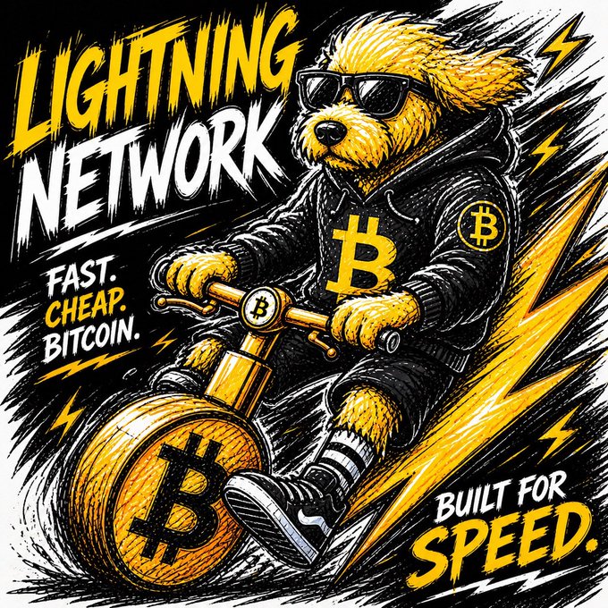 A promotional graphic for the Lightning Network featuring an illustrated dog wearing sunglasses and a Bitcoin hoodie riding a Bitcoin-themed motorcycle, with text 'FAST. CHEAP. BITCOIN.' and 'BUILT FOR SPEED.'