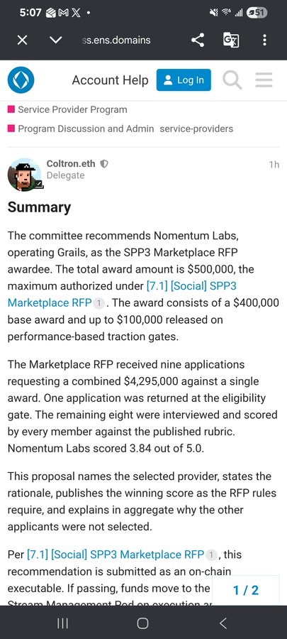 A screenshot of an ENS forum post titled "Summary" by delegate Coltron.eth recommending Nomentum Labs as the SPP3 Marketplace RFP awardee with a $500,000 total ($400,000 base + up to $100,000 performance-based), noting Nomentum scored 3.84/5.0 against nine applicants. The post supports the user's frustration with the ENS Foundation by showing bureaucratic governance processes and substantial treasury allocations being decided through committee scoring.