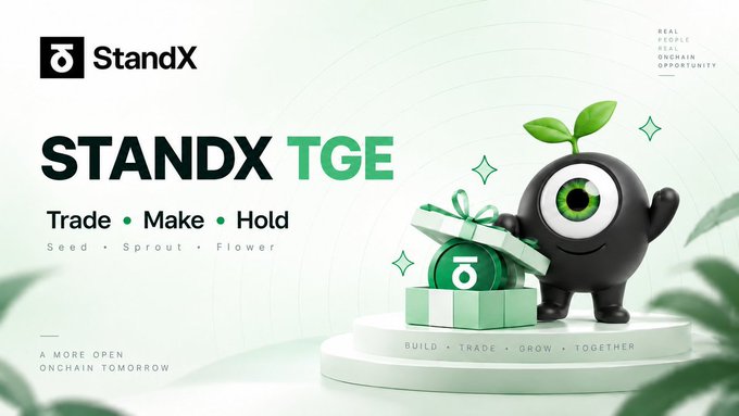 The image is a promotional banner for the **StandX TGE (Token Generation Event)**, featuring a cute black mascot character with a green sprout on its head holding a gift box alongside the StandX logo. The text highlights the campaign tagline "Trade • Make • Hold" with the progression "Seed • Sprout • Flower" and "Build • Trade • Grow • Together," reinforcing the post's claim that StandX's TGE is imminent following the completed points halving.
