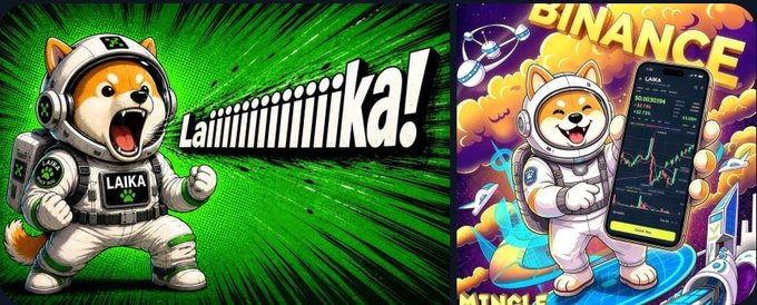 Two cartoon Shiba Inu mascots in astronaut suits are featured, with the left one on a green background with Japanese-style text "Laiiiiiiiiiiika!" and labeled "LAIKA," while the right one displays a "BINANCE" cryptocurrency trading screen.