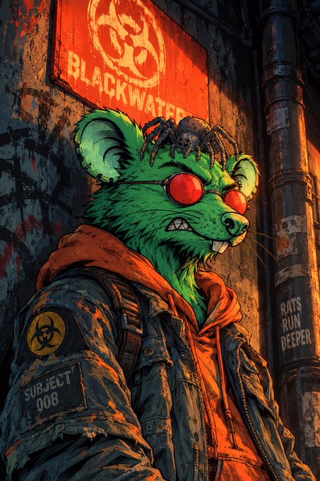 Digital artwork depicting an anthropomorphic green rat wearing red sunglasses and a weathered jacket with biohazard patches, standing near a "BLACKWATER" sign.