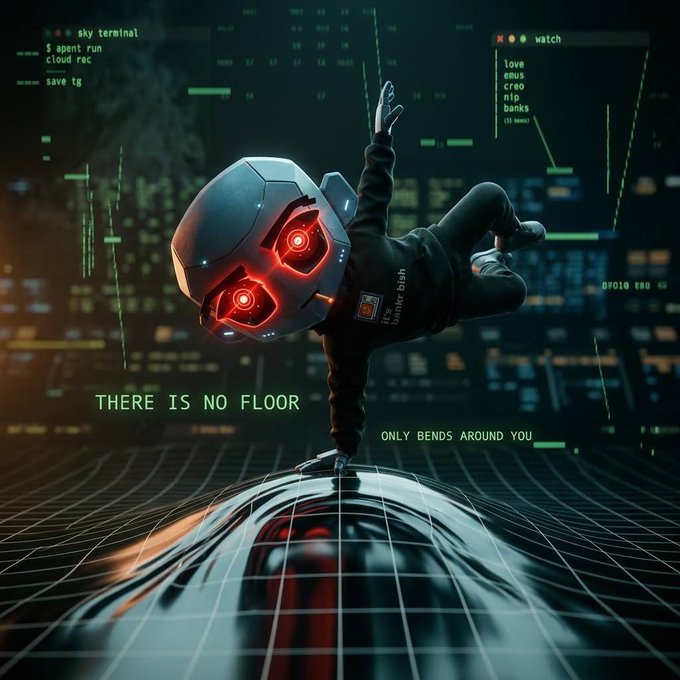 A hooded figure wearing a robotic helmet with glowing red eyes appears to fall through a digital void, hands outstretched as they break through a wireframe floor that dissolves beneath them. The text "THERE IS NO FLOOR" and "ONLY BENDS AROUND YOU" overlays the glitchy, code-filled scene, while terminal-like fragments reading "sky terminal," "apont run," and "save tg" float around them—visually echoing the post's caption about a reality that shifts to accommodate the user.