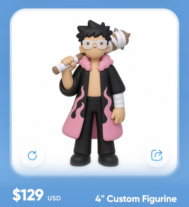 A 4" custom figurine for sale at $129 USD depicts a cartoonish character with black hair, white glasses, and a pink-and-black robe, carrying a spiked bat over his shoulder. The image appears to be a product mockup from a custom figurine shop, likely representing a Doodles NFT character, which aligns with the post commenting on its expensive price tag.