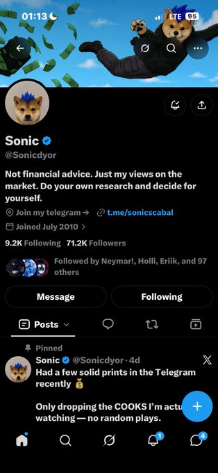 A Twitter/X profile page for "Sonic" (@Sonicdyor) showing 9.2K following and 71.2K followers, with a pinned tweet stating "Had a few solid prints in the Telegram recently" and a bio warning "Not financial advice. Just my views on the market."