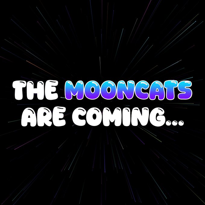 A graphic with a black starburst background displays the text 'THE MOONCATS ARE COMING...' in bubbly white and blue-purple letters.