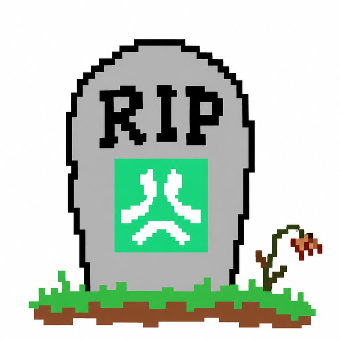 A pixel art image shows a gray tombstone with 'RIP' written on it and a green sad-face icon, placed on grass with a small wilted flower beside it.