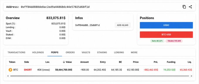 A cryptocurrency trading interface showing positions and perpetuals for a wallet address, including a short position on BTC with significant PnL figures.