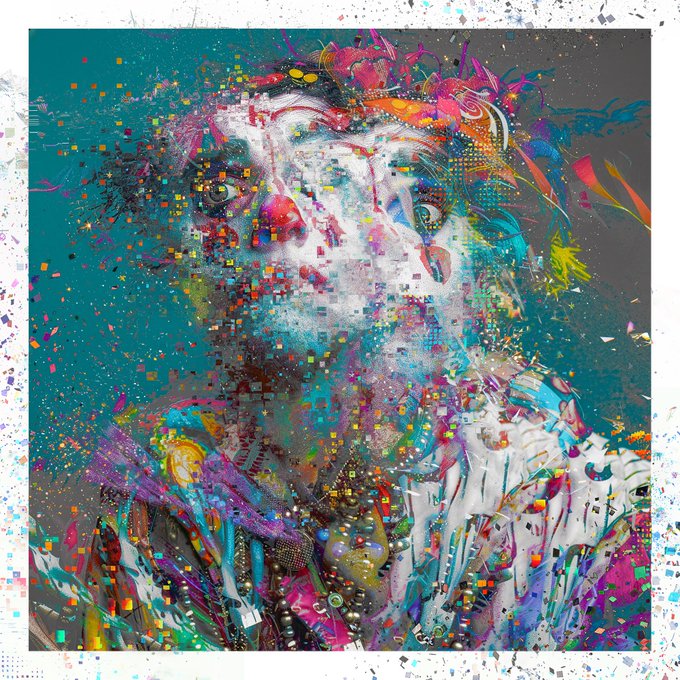 A vibrant, multi-colored glitch art portrait of a face composed of fragmented digital pixels and abstract shapes.