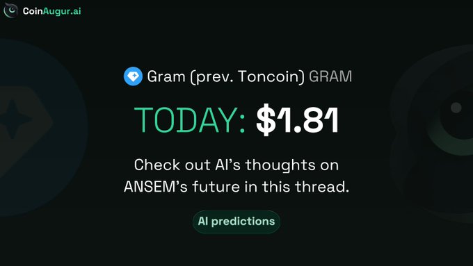 CoinAugur.ai prediction page showing GRAM (prev. Toncoin) with a price of $1.81 and a link to AI predictions.