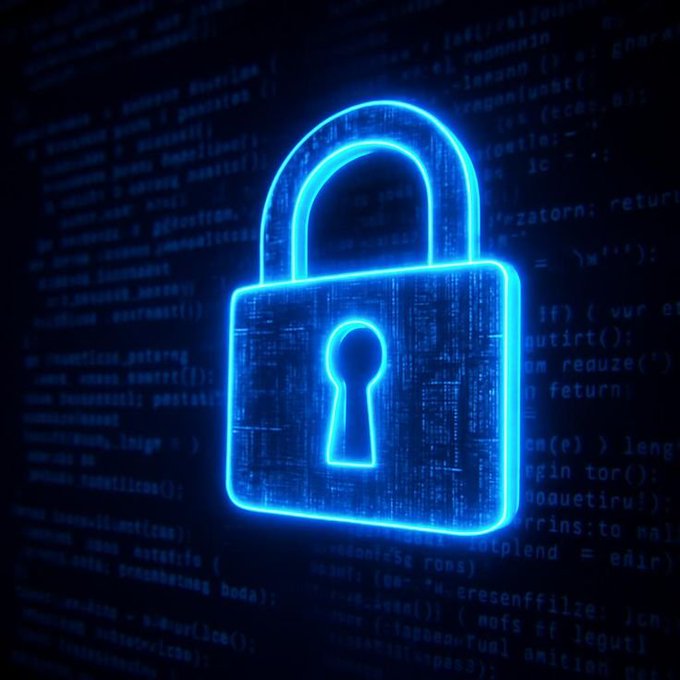 A digital illustration of a glowing blue padlock symbol overlaid on blurred computer code, representing cybersecurity or data encryption.