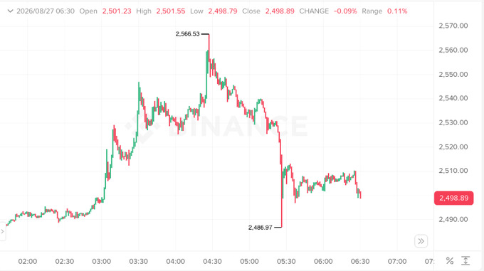 The image displays an intraday candlestick chart dated 2026/08/27, showing prices ranging from a low of 2,498.79 to a high of 2,501.23, with notable intraday swings between 2,566.53 and 2,486.97 before settling at 2,498.89 (-0.09%). Despite the dramatic mid-session spike and crash, the index ends roughly where it opened, illustrating the post's point that intraday volatility is just noise masking the underlying stability of a bull market.