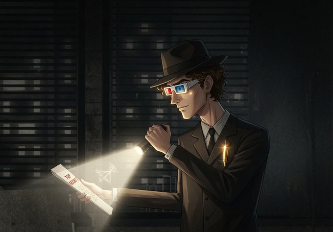 The image shows a detective in a suit, fedora, and classic red-blue 3D glasses, using a flashlight to examine a document, while a pocket watch glows on his lapel against a dark server-room backdrop. The accompanying post "Pushing my game hard" reflects the detective's determined investigative pose, symbolizing the user's hustle and focus on building projects like a "Shift flow app" and preparing for a token launch.