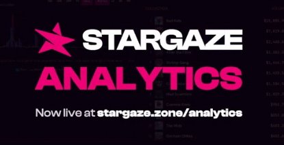 A promotional graphic for 'STARGAZE ANALYTICS' with a pink star logo, displaying the URL 'stargaze.zone/analytics' against a dark background with faint data charts.