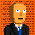 A pixelated character in a suit appears against a repeating "$CLOCKIN" text backdrop, visually reinforcing the mysterious nature of the $CLOCKIN token referenced in the post as potentially rebranding as $SHRIMP. The repeating ticker text emphasizes the cryptic and unverified status of the token that allegedly ghosted partnered accounts like @traviSKrypto before launch.