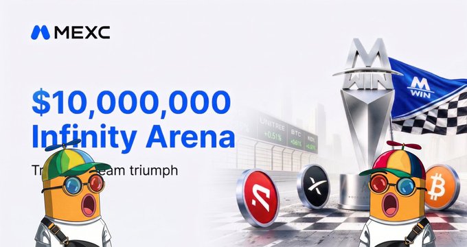 A promotional banner for MEXC's '$10,000,000 Infinity Arena' featuring cartoon mascots and a trophy alongside tokens for Avalanche, X, and Bitcoin.