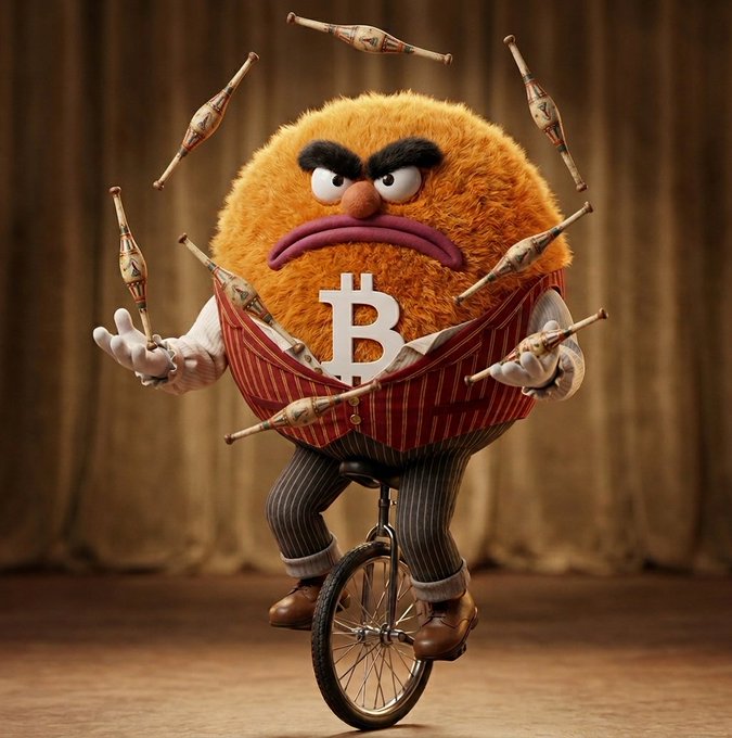 A 3D-rendered orange fuzzy monster character wearing a striped vest with a Bitcoin 'B' logo, balancing on a unicycle while juggling pins, set against a theatrical curtain backdrop.